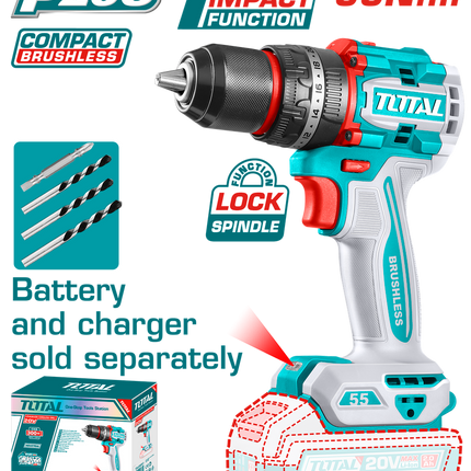 TOTAL TALADRO DE IMPACTOINALAMBRICO SIN ESCOBILLAS 55N.M. SIN BATERIA TIDLI205581
