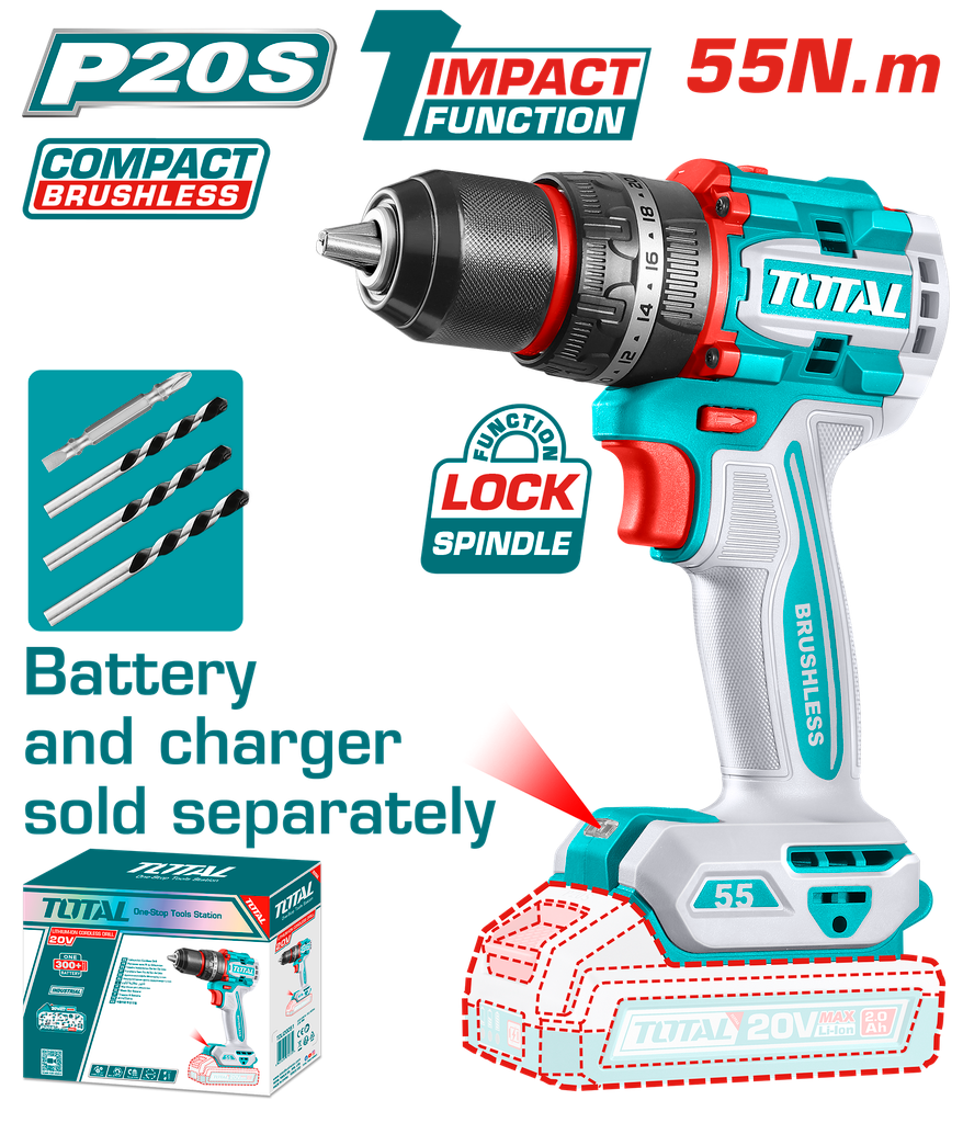 TOTAL TALADRO DE IMPACTOINALAMBRICO SIN ESCOBILLAS 55N.M. SIN BATERIA TIDLI205581