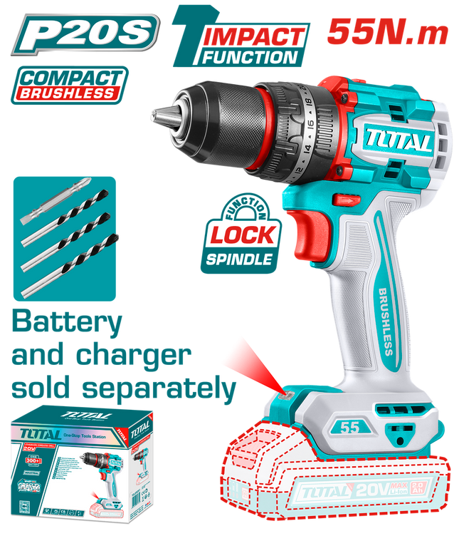 TOTAL TALADRO DE IMPACTOINALAMBRICO SIN ESCOBILLAS 55N.M. SIN BATERIA TIDLI205581