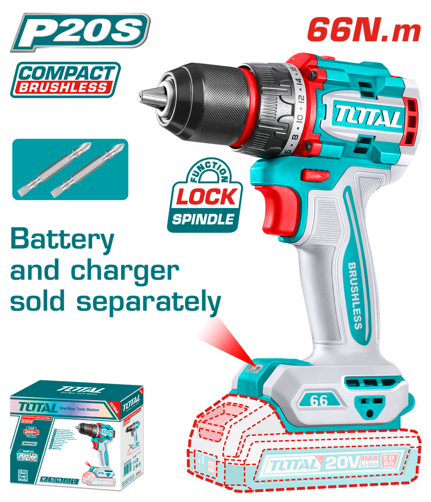 TOTAL TALADRO INALAMBRICO COMPACTO SIN ESCOBILLAS 20V TDLI206681