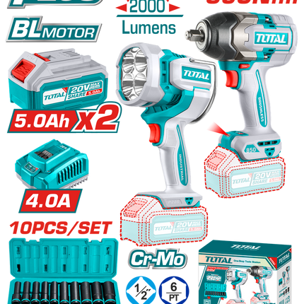 TOTAL COMBO INALAMBRICO 20V PISTOLA IMPACTO + LAMPARA DE TRABAJO + JUEGO DE COPAS + 2 BATERIAS 5.0AH Y CARGADOR UTOSLI241181