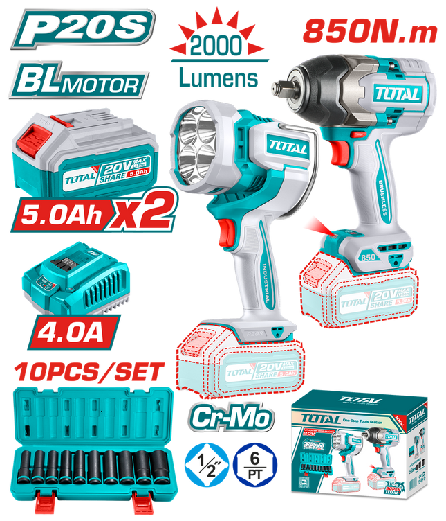 TOTAL COMBO INALAMBRICO 20V PISTOLA IMPACTO + LAMPARA DE TRABAJO + JUEGO DE COPAS + 2 BATERIAS 5.0AH Y CARGADOR UTOSLI241181