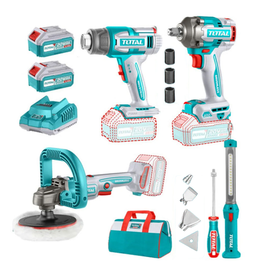 TOTAL COMBO INALAMBRICO 20V POLICHADORA 7" + LLAVE DE IMPACTO 1/2" 400 N.M + PISTOLA DE CALOR + LINTERNA 300 LUMENES + 2 BATERIAS 5 AMP UTOSLI241182