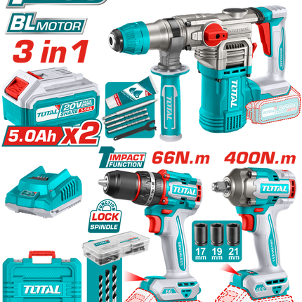 TOTAL COMBO INALAMBRICO 20V TALADRO ATORNILLADOR + PISTOLA DE IMPACTO + ROTOMARTILLO + 2 BATERIAS 5.0AH + 1 CARGADOR Y ACCESORIOS UTCKLI20638