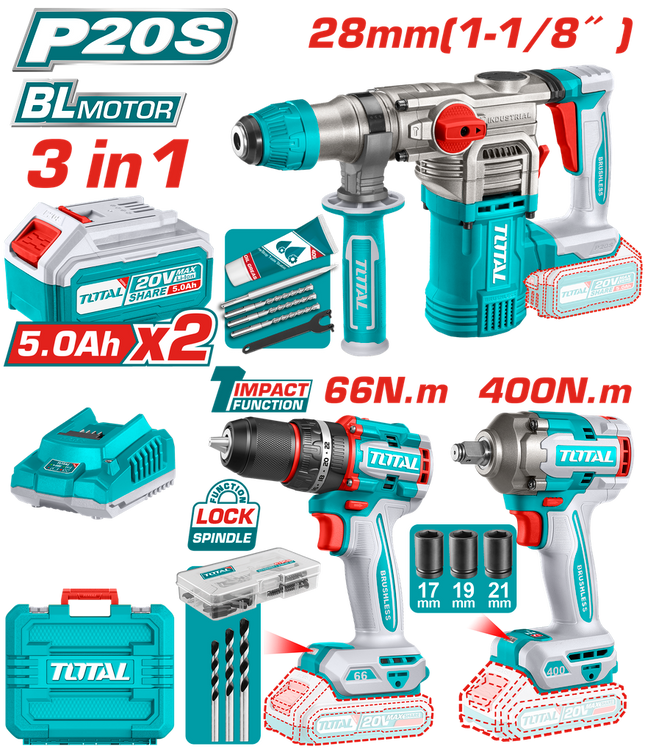 TOTAL COMBO INALAMBRICO 20V TALADRO ATORNILLADOR + PISTOLA DE IMPACTO + ROTOMARTILLO + 2 BATERIAS 5.0AH + 1 CARGADOR Y ACCESORIOS UTCKLI20638