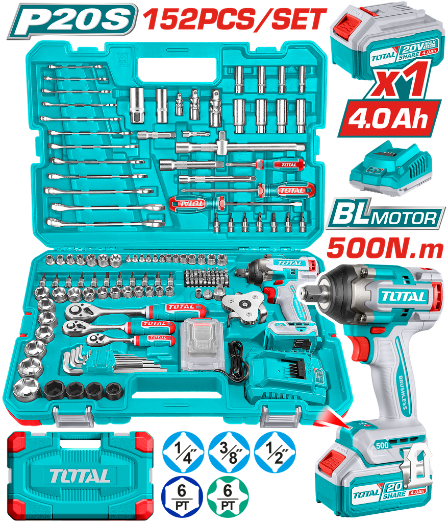 TOTAL LLAVE DE IMPACTO INALAMBRICA 1/2" 500 N.M + 152 ACCESORIOS UTHKTHP31522