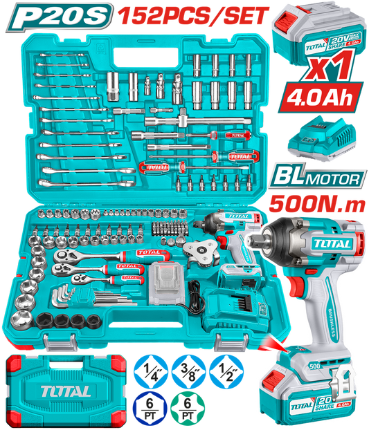 TOTAL LLAVE DE IMPACTO INALAMBRICA 1/2" 500 N.M + 152 ACCESORIOS UTHKTHP31522