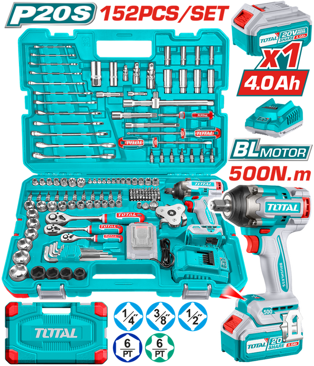 TOTAL LLAVE DE IMPACTO INALAMBRICA 1/2" 500 N.M + 152 ACCESORIOS UTHKTHP31522