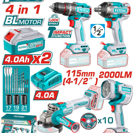 TOTAL COMBO INALAMBRICO 20V TALADRO + PISTOLA DE IMPACTO + PULIDORA + LAMPARA DE TRABAJO + 2 BATERIAS + CARGADOR Y ACCESORIAOS UTOSLI241292