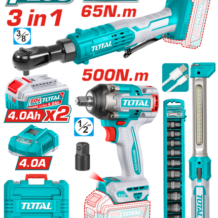 TOTAL COMBO INALAMBRICO 20V LLAVE DE IMPACTO 1/2" 500 N.M + RACHET 65 N.M + LAMPARA 300 LUMENES + 2 BATERIAS 4 AMP + CARGADOR Y ACCESORIOS UTOSLI250981