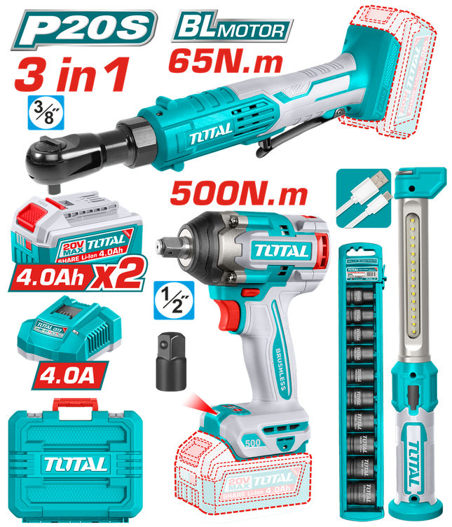TOTAL COMBO INALAMBRICO 20V LLAVE DE IMPACTO 1/2" 500 N.M + RACHET 65 N.M + LAMPARA 300 LUMENES + 2 BATERIAS 4 AMP + CARGADOR Y ACCESORIOS UTOSLI250981