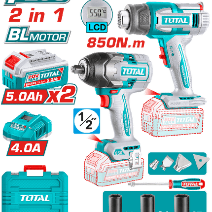 TOTAL COMBO INALAMBRICO 20V LLAVE DE IMPACTO 1/2" 850N.M + COPAS 22-24-27 + PISTOLA DE CALOR INALAMBRICA + 2 BATERIAS 5 AMP UTOSLI250983