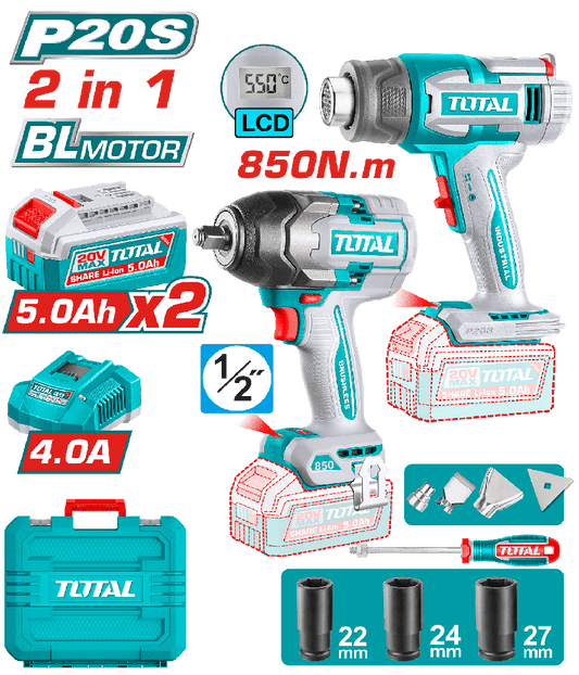 TOTAL COMBO INALAMBRICO 20V LLAVE DE IMPACTO 1/2" 850N.M + COPAS 22-24-27 + PISTOLA DE CALOR INALAMBRICA + 2 BATERIAS 5 AMP UTOSLI250983