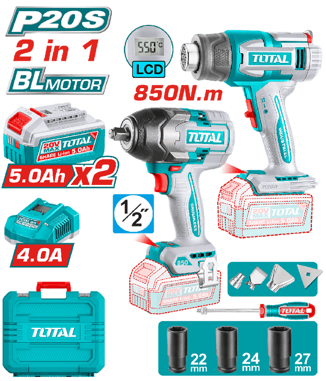 TOTAL COMBO INALAMBRICO 20V LLAVE DE IMPACTO 1/2" 850N.M + COPAS 22-24-27 + PISTOLA DE CALOR INALAMBRICA + 2 BATERIAS 5 AMP UTOSLI250983