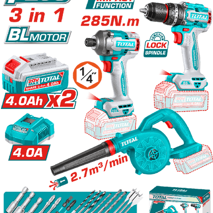 TOTAL COMBO INALAMBRICO 20V TALADRO PERCUTOR 1/2" 86N.M + ATORNILLADOR DE IMPACTO 1/4" + SOPLADOR + 2 BATERIAS 2 AMP UTOSLI250883