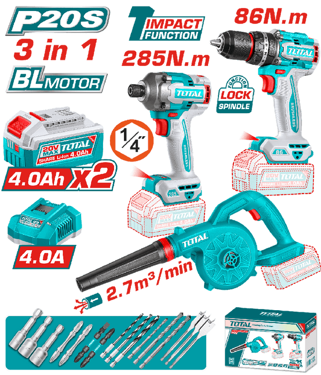 TOTAL COMBO INALAMBRICO 20V TALADRO PERCUTOR 1/2" 86N.M + ATORNILLADOR DE IMPACTO 1/4" + SOPLADOR + 2 BATERIAS 2 AMP UTOSLI250883