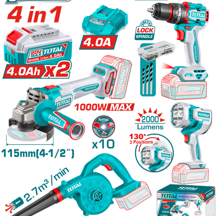 TOTAL COMBO INALAMBRICO 20V TALADRO PERCUTOR 1/2" 66N.M + SOPLADORA + PULIDORA 4 1/2" 1000W + LINTERNA 2000 LUMENES + 2 BATERIAS 4 AMP UTOSLI250993