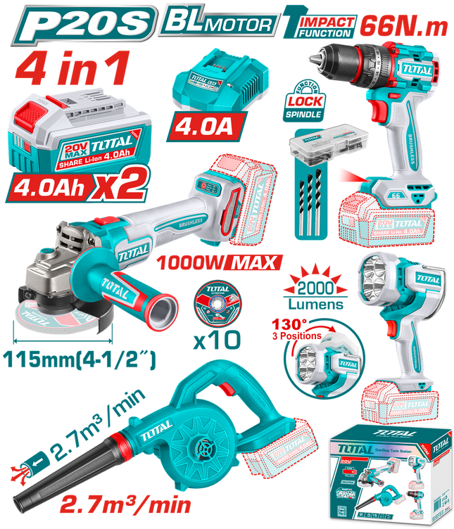 TOTAL COMBO INALAMBRICO 20V TALADRO PERCUTOR 1/2" 66N.M + SOPLADORA + PULIDORA 4 1/2" 1000W + LINTERNA 2000 LUMENES + 2 BATERIAS 4 AMP UTOSLI250993