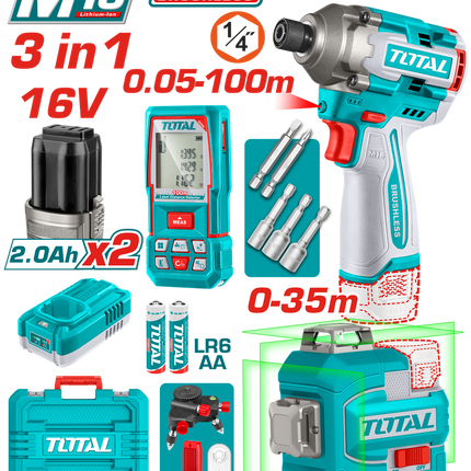 TOTAL COMBO ATORNILLADOR DE IMPACTO 16V + NIVE LÁSER + MEDIDOR DE DISTANCIA  UTOSLI250886