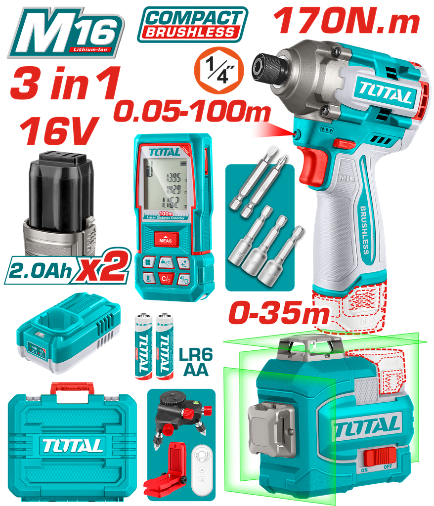TOTAL COMBO ATORNILLADOR DE IMPACTO 16V + NIVE LÁSER + MEDIDOR DE DISTANCIA  UTOSLI250886