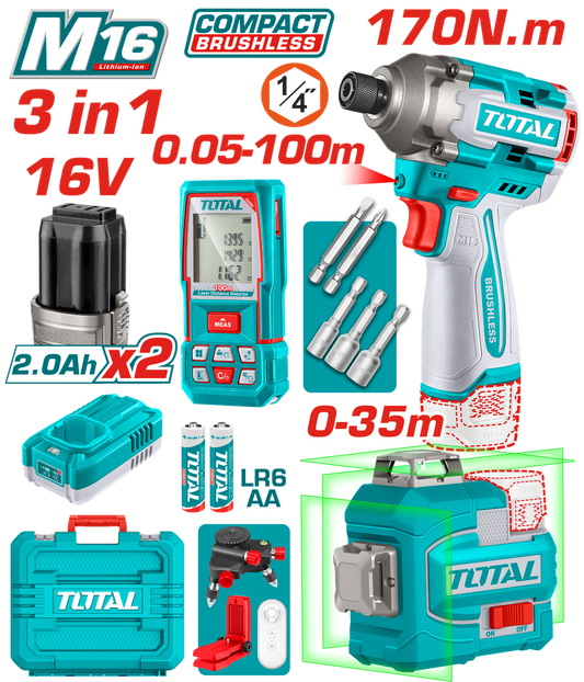 TOTAL COMBO ATORNILLADOR DE IMPACTO 16V + NIVE LÁSER + MEDIDOR DE DISTANCIA  UTOSLI250886