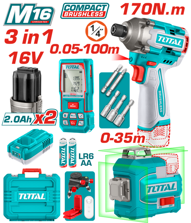 TOTAL COMBO ATORNILLADOR DE IMPACTO 16V + NIVE LÁSER + MEDIDOR DE DISTANCIA  UTOSLI250886