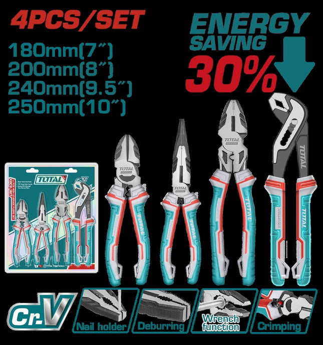 TOTAL JUEGO DE ALICATE X 4 PIEZAS CROMO VANADIUM INDUSTRIAL THT2K0498