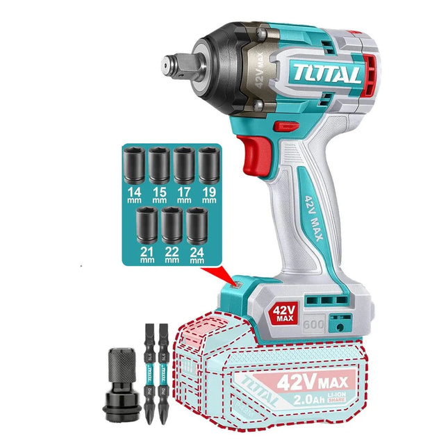 TOTAL LLAVE DE IMPACTO INALAMBRICA 1/2" 42V 600NM, 2 BATERIAS, CARGADOR, COPAS, PUNTA DESTORNILLADOR  Y ADAPTADOR INDUSTRIAL UTIWLI42602