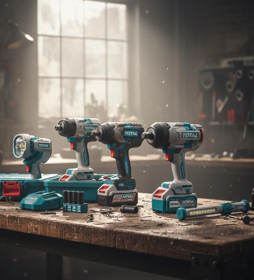 TOTAL COMBO LLAVE DE IMPACTO 3/4" 20V 1350NM + LLAVE DE IMPACTO 1/2" 850NM + LAMPARA DE TRABAJO 2000LM + LAMPARA DE TRABAJO 300LM + 2 BATERIAS 5.0AH, CARGADOR Y ACCESORIOS UTOSLI250782