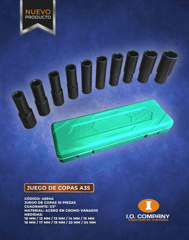 I.O JUEGO DE COPAS DE IMPACTO X 10 UND 1/2" ESTUCHE VERDE