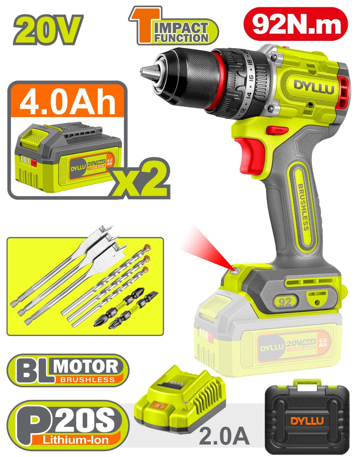 DYLLU TALADRO PERCUTOR INALAMBRICO 1/2'' 92NNM 20V UDTCDP9281