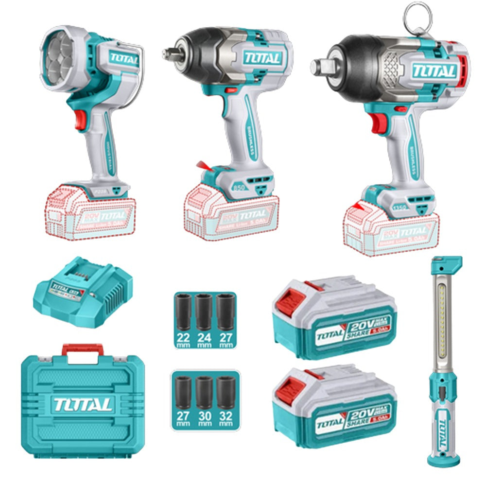 TOTAL COMBO LLAVE DE IMPACTO 3/4" 20V 1350NM + LLAVE DE IMPACTO 1/2" 850NM + LAMPARA DE TRABAJO 2000LM + LAMPARA DE TRABAJO 300LM + 2 BATERIAS 5.0AH, CARGADOR Y ACCESORIOS UTOSLI250782