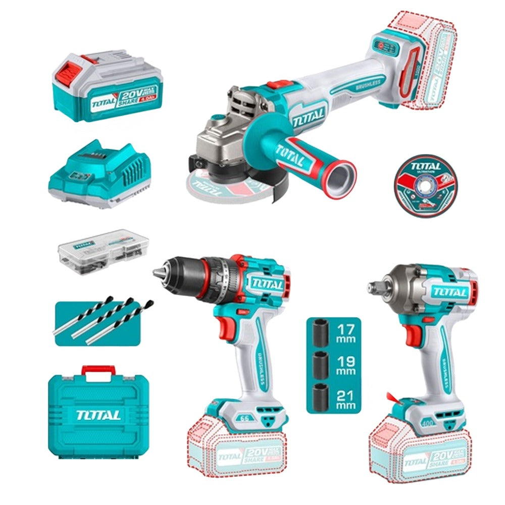 TOTAL COMBO 20V TALADRO 1/2 66NM + PULIDORA 4 1/2 1000W + PISTOLA IMPACTO 1/2 400NM + 2 BATERIAS 4.0AH, CARGADOR Y ACCESORIOS UTOSLI241291