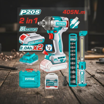 TOTAL COMBO INALAMBRICO 20V, PISTOLA IMPACTO 1/2 405 NM + LAMPARA DE TRABAJO 300LUMENES RECARGABLE + 10 COPAS 1/2 A 1/4, 2 BATERIAS 2.0 AH, ACCESORIOS Y SUPER TOTAL UTOSLI23056