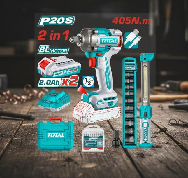 TOTAL COMBO INALAMBRICO 20V, PISTOLA IMPACTO 1/2 405 NM + LAMPARA DE TRABAJO 300LUMENES RECARGABLE + 10 COPAS 1/2 A 1/4, 2 BATERIAS 2.0 AH, ACCESORIOS Y SUPER TOTAL UTOSLI23056