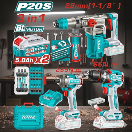 TOTAL COMBO TALADRO INALAMBRICO 20V + ATORNILLADOR DE IMPACTO + ROTOMARTILLO UTOSLI250693