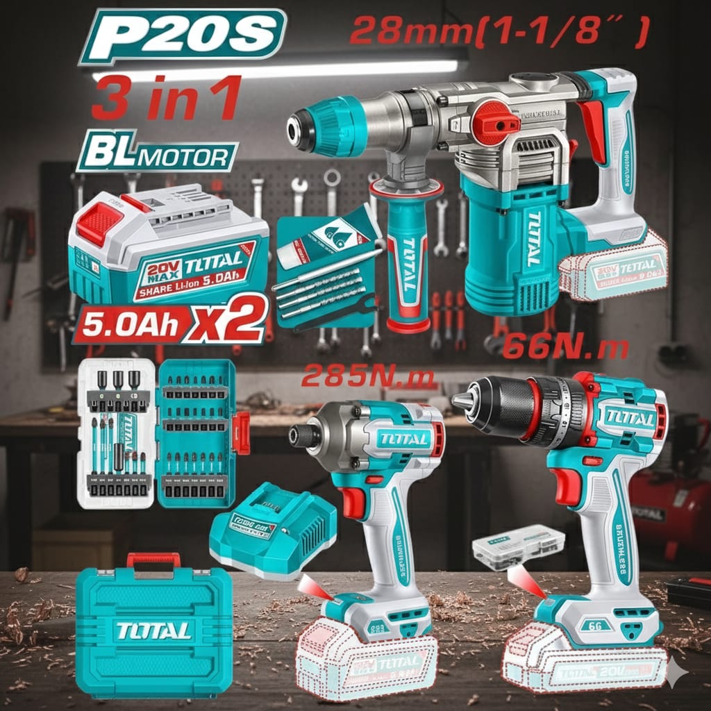TOTAL COMBO TALADRO INALAMBRICO 20V + ATORNILLADOR DE IMPACTO + ROTOMARTILLO UTOSLI250693