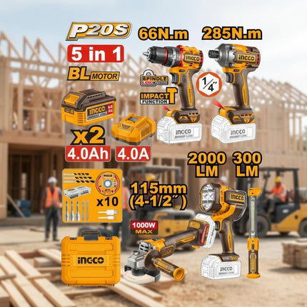 INGCO COMBO TALADRO INALAMBRICO 20V + ATORNILLADOR DE IMPACTO + PULIDORA + LINTERNA  UCOSLI250692