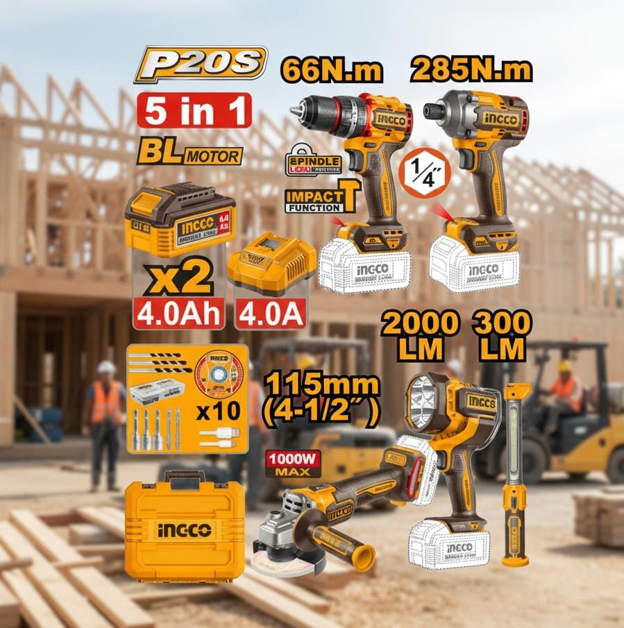 INGCO COMBO TALADRO INALAMBRICO 20V + ATORNILLADOR DE IMPACTO + PULIDORA + LINTERNA  UCOSLI250692