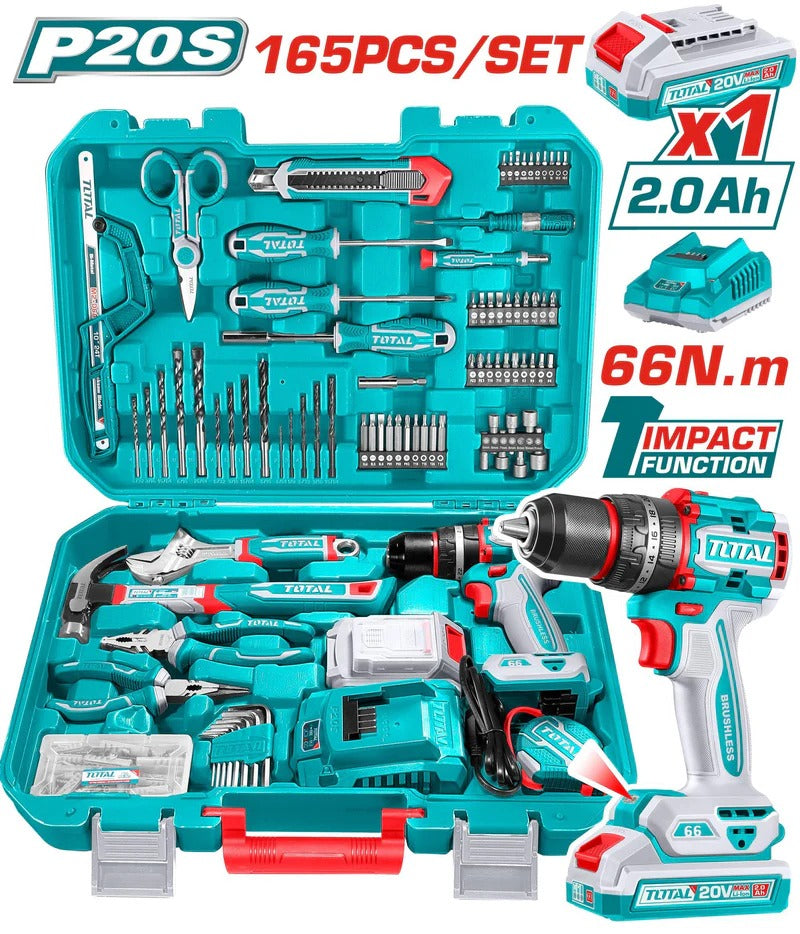 TOTAL TALADRO INALAMBRICO 20V + JUEGO DE HERRAMIENTAS 165 PZS UTHKTHP11652