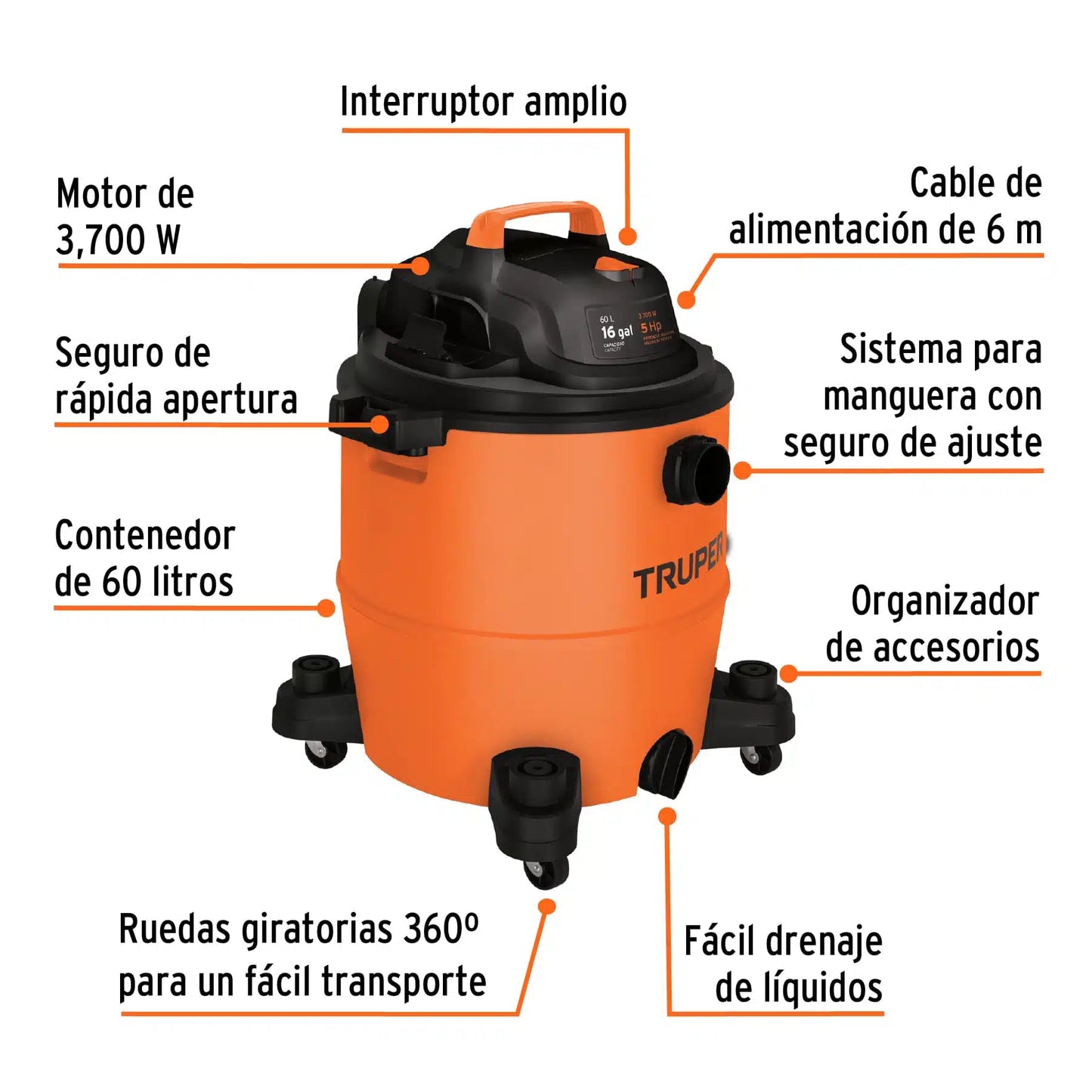 TRUPER ASPIRADORA 16 GALONES 5 HP 101520