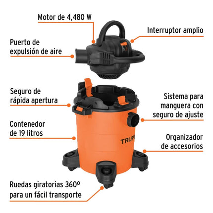 TRUPER ASPIRADORA SECO MOJADO CON SOPLADOR DESMONTABLE 5 GALONES 101521