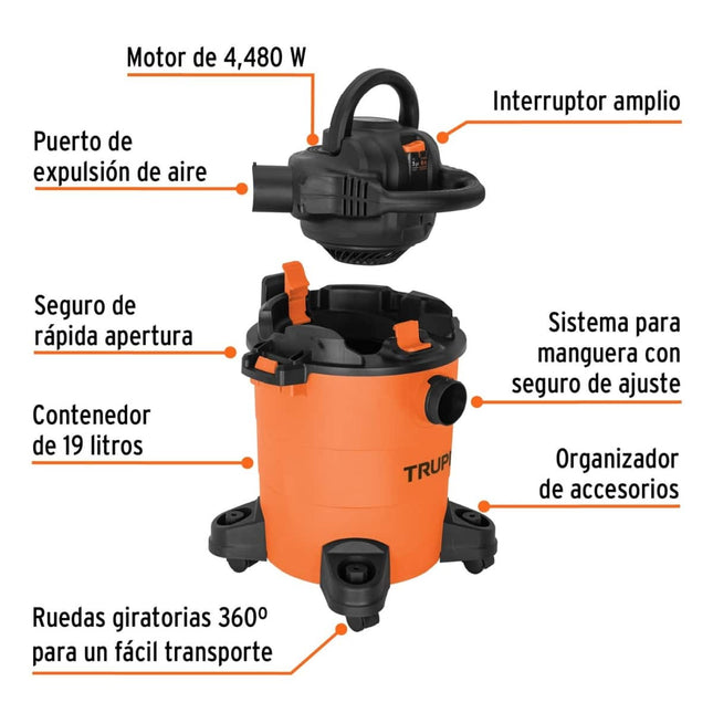 TRUPER ASPIRADORA SECO MOJADO CON SOPLADOR DESMONTABLE 5 GALONES 101521