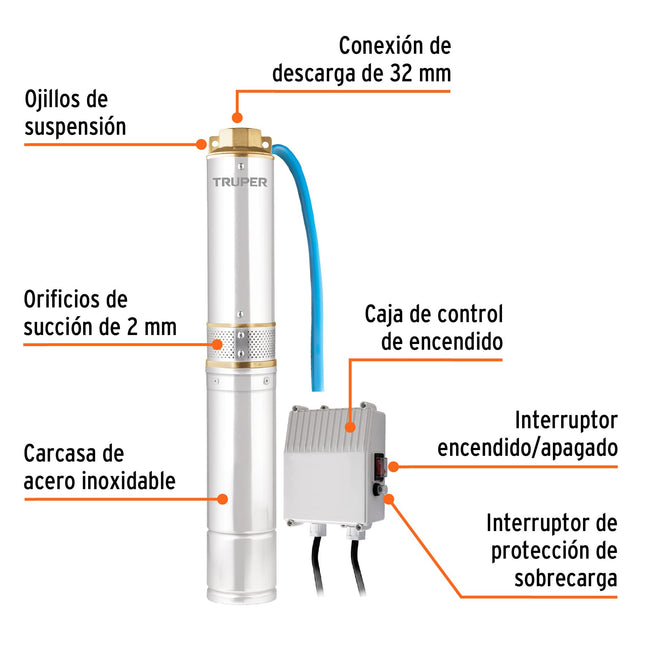 TRUPER BOMBA SUMERGIBLE AGUA LIMPIA TIPO BALA-LAPICERO 1/2 HP 16933