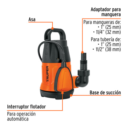 TRUPER BOMBA SUMERGIBLE PARA AGUA LIMPIA 1/2 HP PLASTICA 12601