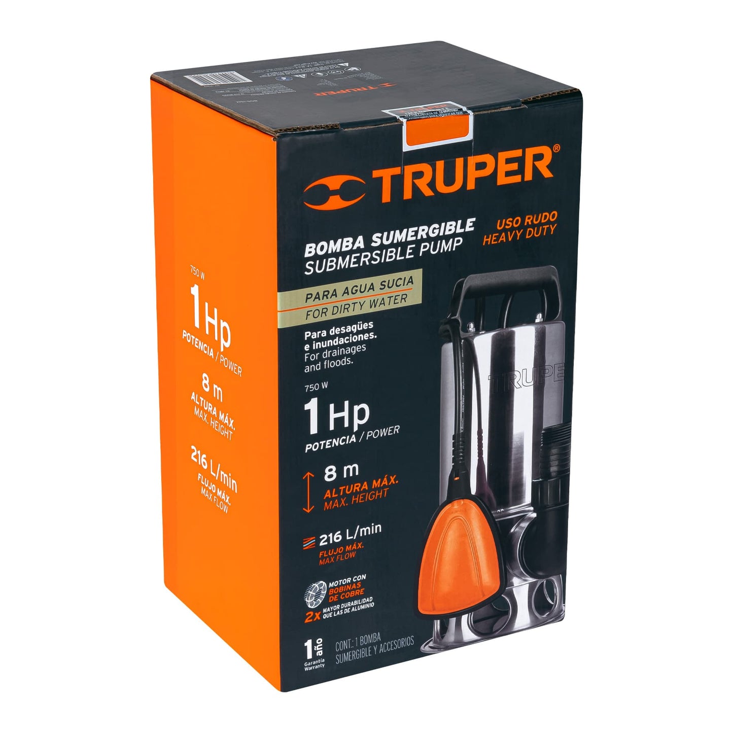TRUPER BOMBA SUMERGIBLE PARA AGUA SUCIA 1 HP ACERO INOX - 12607
