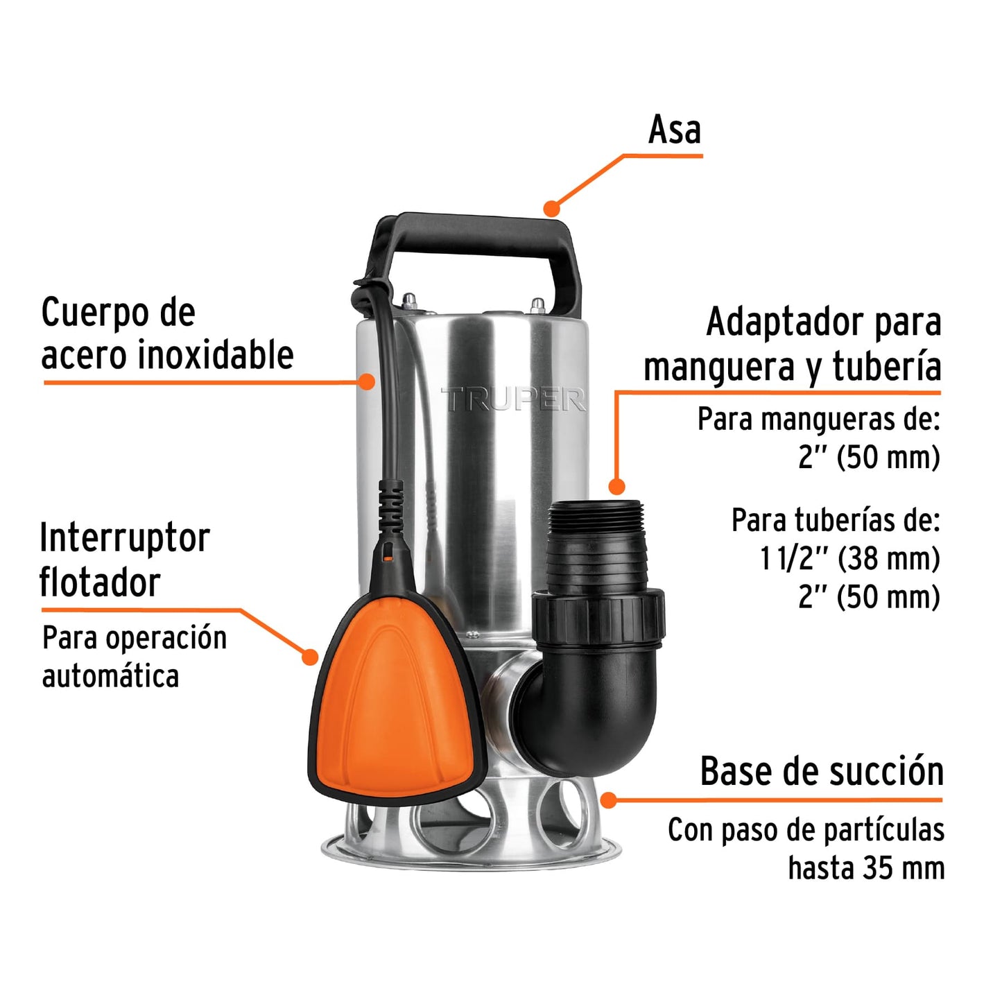 TRUPER BOMBA SUMERGIBLE PARA AGUA SUCIA 1 HP ACERO INOX - 12607