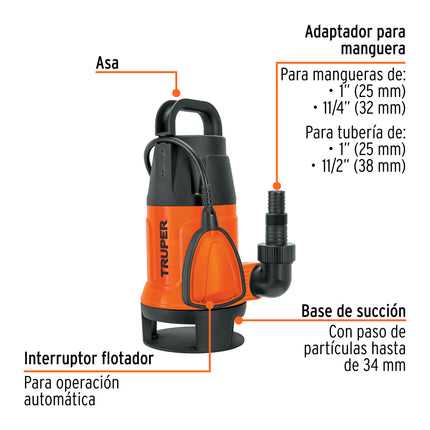 TRUPER BOMBA SUMERGIBLE PARA AGUA SUCIA 1 HP PLASTICA - 12603