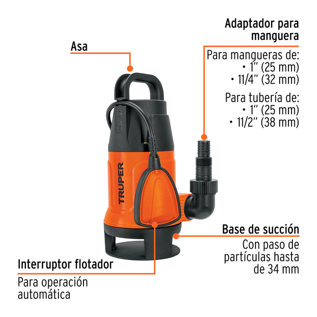 TRUPER BOMBA SUMERGIBLE PARA AGUA SUCIA 1 HP PLASTICA - 12603