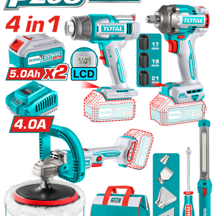 TOTAL COMBO INALAMBRICO 20V POLICHADORA 7" + LLAVE DE IMPACTO 1/2" 400 N.M + PISTOLA DE CALOR + LINTERNA 300 LUMENES + 2 BATERIAS 5 AMP UTOSLI241182